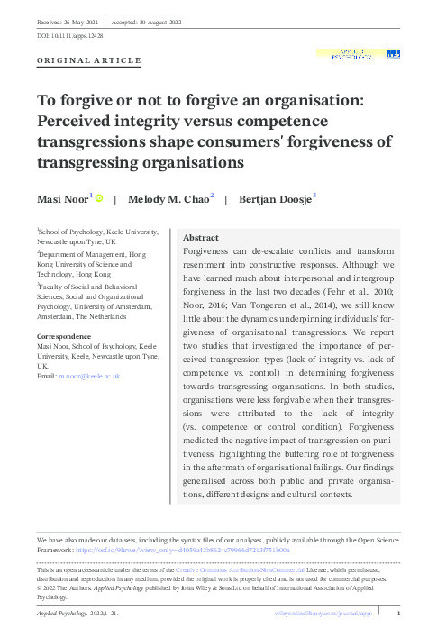 To Forgive Or Not To Forgive An Organization: Perceived Integrity Versus Competence Transgressions Shape Consumers’ Forgiveness Of Transgressing Organizations Thumbnail