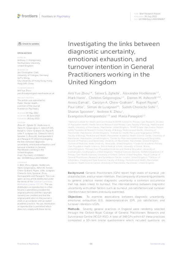 Investigating the links between diagnostic uncertainty, emotional exhaustion, and turnover intention in General Practitioners working in the United Kingdom Thumbnail
