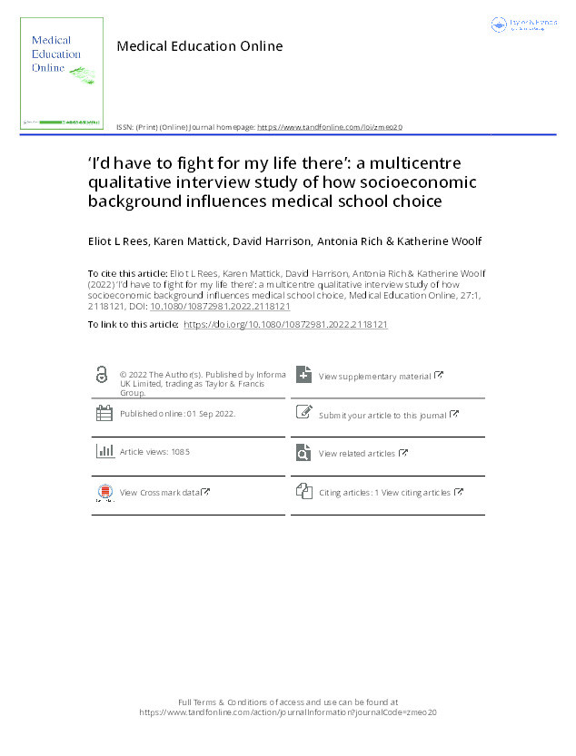 “I’d have to fight for my life there”: a multicentre qualitative interview study of how socioeconomic background influences medical school choice. Thumbnail