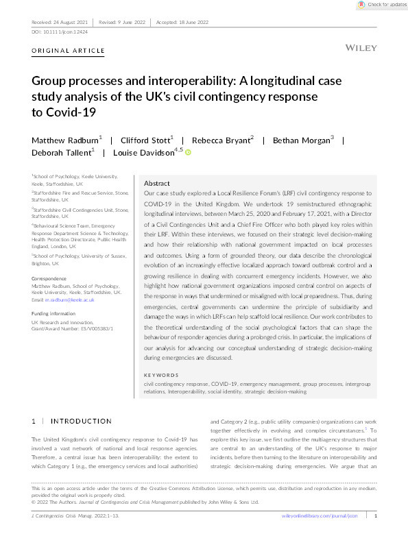 Group processes and interoperability: A longitudinal case study analysis of the UK's civil contingency response to Covid-19 Thumbnail