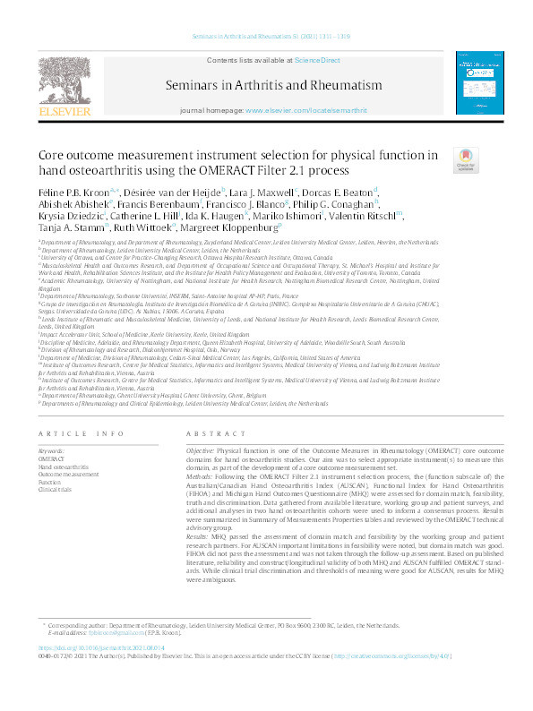 Core outcome measurement instrument selection for physical function in hand osteoarthritis using the OMERACT Filter 2.1 process. Thumbnail