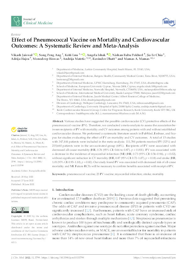 Effect of Pneumococcal Vaccine on Mortality and Cardiovascular Outcomes: A Systematic Review and Meta-Analysis Thumbnail