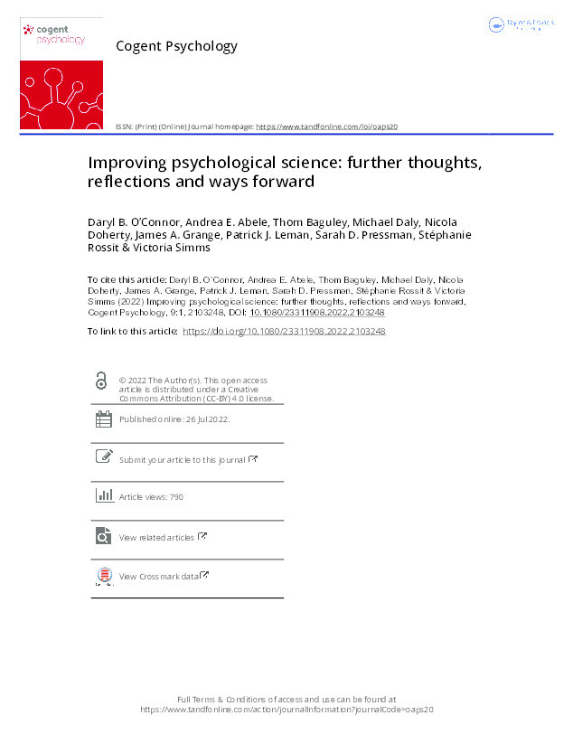 Improving psychological science: further thoughts, reflections and ways forward Thumbnail