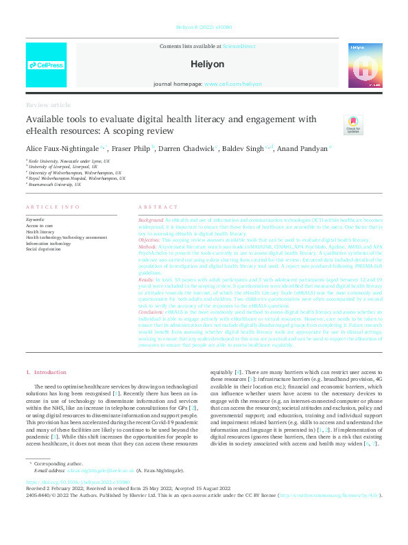 Available tools to evaluate digital health literacy and engagement with eHealth resources: A scoping review Thumbnail