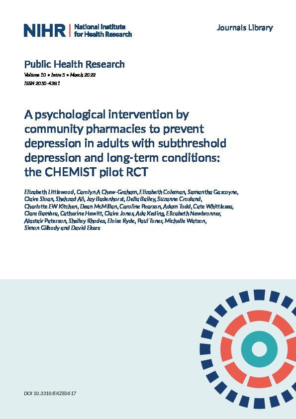 A psychological intervention by community pharmacies to prevent depression in adults with subthreshold depression and long-term conditions: the CHEMIST pilot RCT Thumbnail