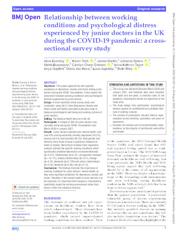 Relationship between working conditions and psychological distress experienced by junior doctors in the UK during the COVID-19 pandemic: a cross-sectional survey study. Thumbnail