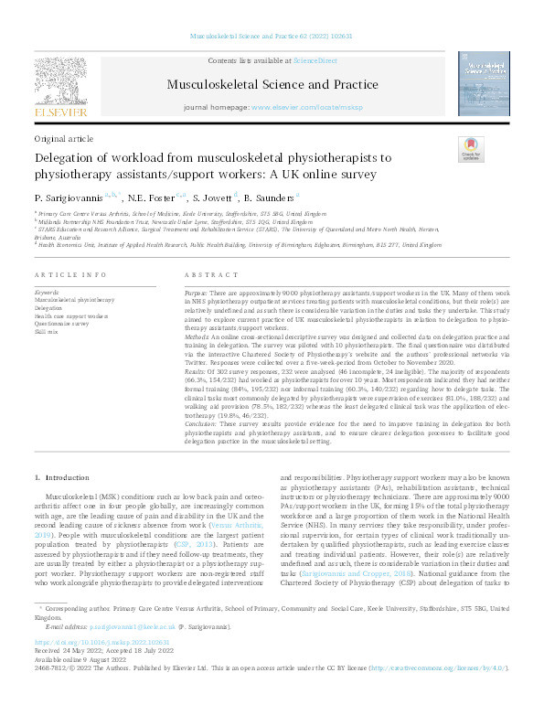 Delegation of workload from musculoskeletal physiotherapists to physiotherapy assistants/support workers: A UK online survey. Thumbnail