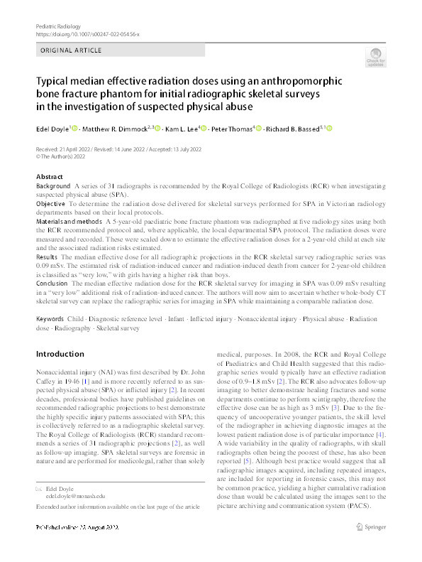 Typical median effective radiation doses using an anthropomorphic bone fracture phantom for initial radiographic skeletal surveys in the investigation of suspected physical abuse. Thumbnail