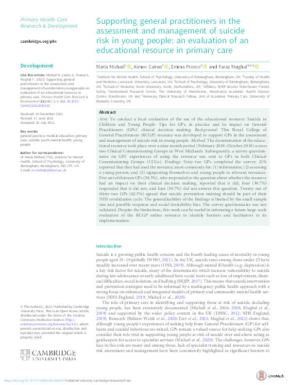 Supporting general practitioners in the assessment and management of suicide risk in young people: an evaluation of an educational resource in primary care Thumbnail