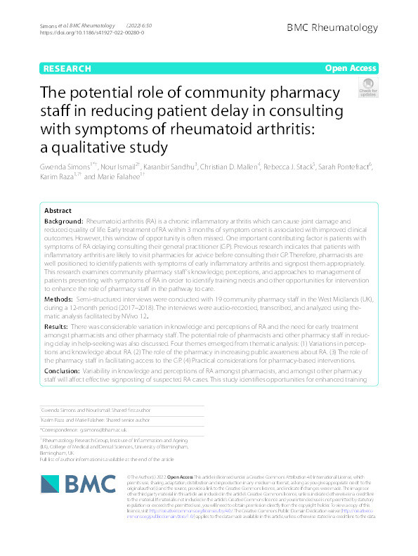 The potential role of community pharmacy staff in reducing patient delay in consulting with symptoms of rheumatoid arthritis: a qualitative study. Thumbnail