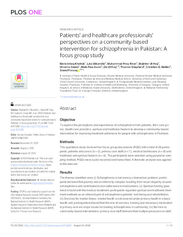 Patients’ and healthcare professionals’ perspectives on a community-based intervention for schizophrenia in Pakistan: A focus group study Thumbnail