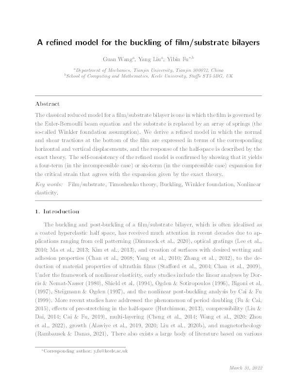 A refined model for the buckling of film/substrate bilayers Thumbnail