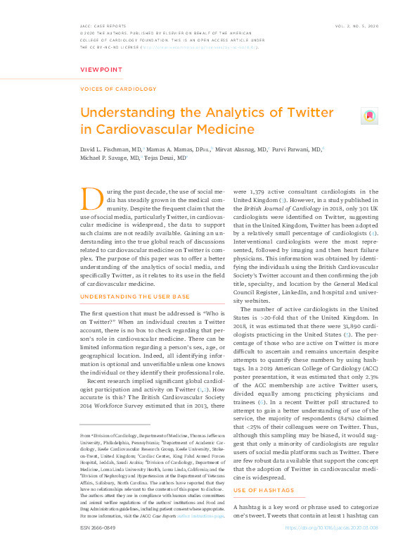 Understanding the Analytics of Twitter in Cardiovascular Medicine. Thumbnail