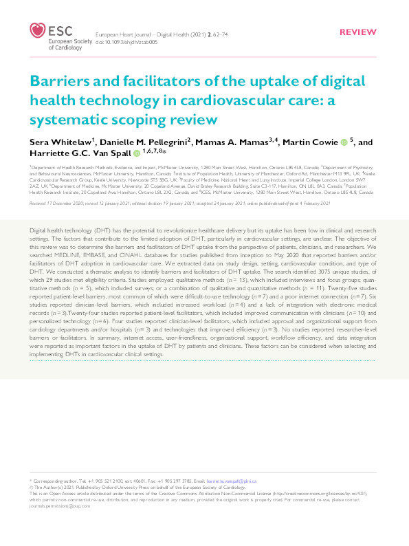 Barriers and facilitators of the uptake of digital health technology in cardiovascular care: a systematic scoping review Thumbnail