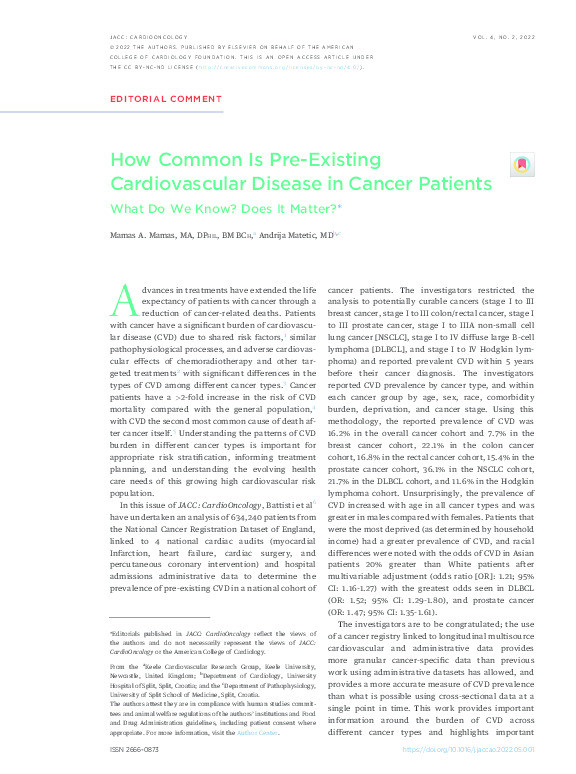 How Common Is Pre-Existing Cardiovascular Disease in Cancer Patients: What Do We Know? Does It Matter? Thumbnail
