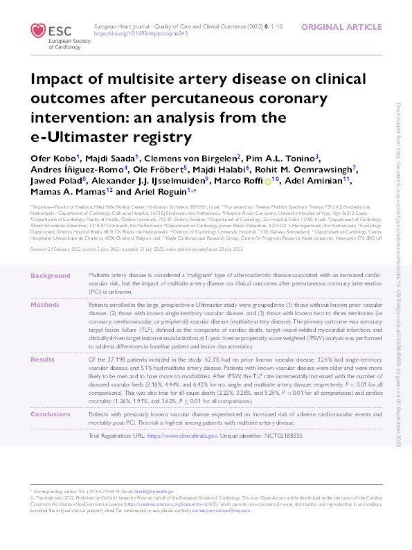 Impact of Multisite artery disease on Clinical Outcomes After Percutaneous Coronary Intervention: An Analysis from the e-Ultimaster Registry. Thumbnail