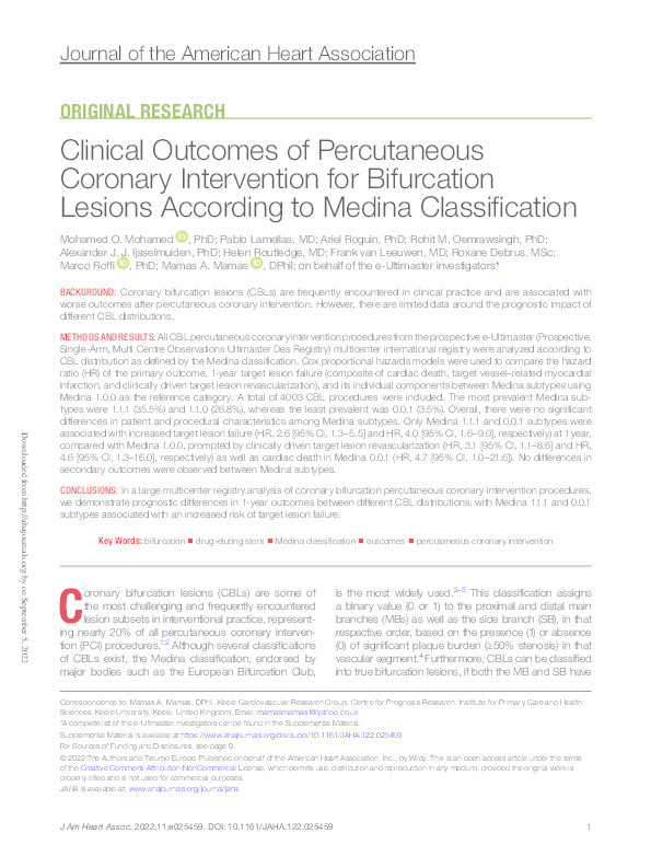 Clinical Outcomes of Percutaneous Coronary Intervention for Bifurcation Lesions According to Medina Classification. Thumbnail