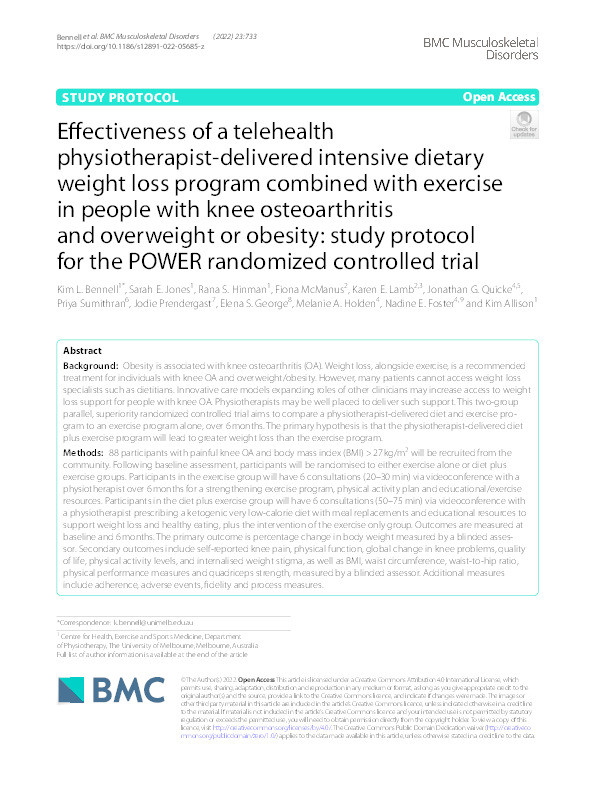 Effectiveness of a telehealth physiotherapist-delivered intensive dietary weight loss program combined with exercise in people with knee osteoarthritis and overweight or obesity: study protocol for the POWER randomized controlled trial. Thumbnail