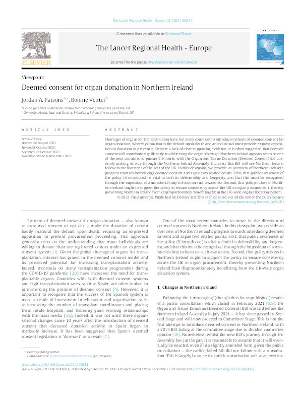 Deemed consent for organ donation in Northern Ireland. Thumbnail