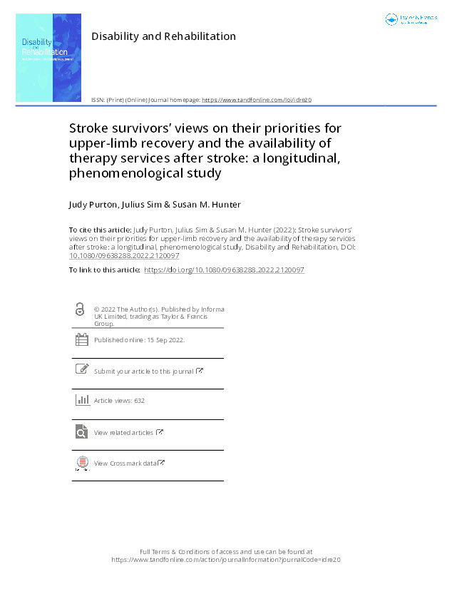 Stroke survivors’ views on their priorities for upper-limb recovery and the availability of therapy services after stroke: a longitudinal, phenomenological study Thumbnail