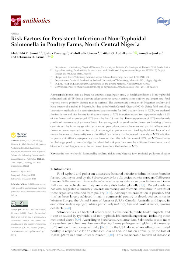 Risk Factors for Persistent Infection of Non-Typhoidal Salmonella in Poultry Farms, North Central Nigeria. Thumbnail