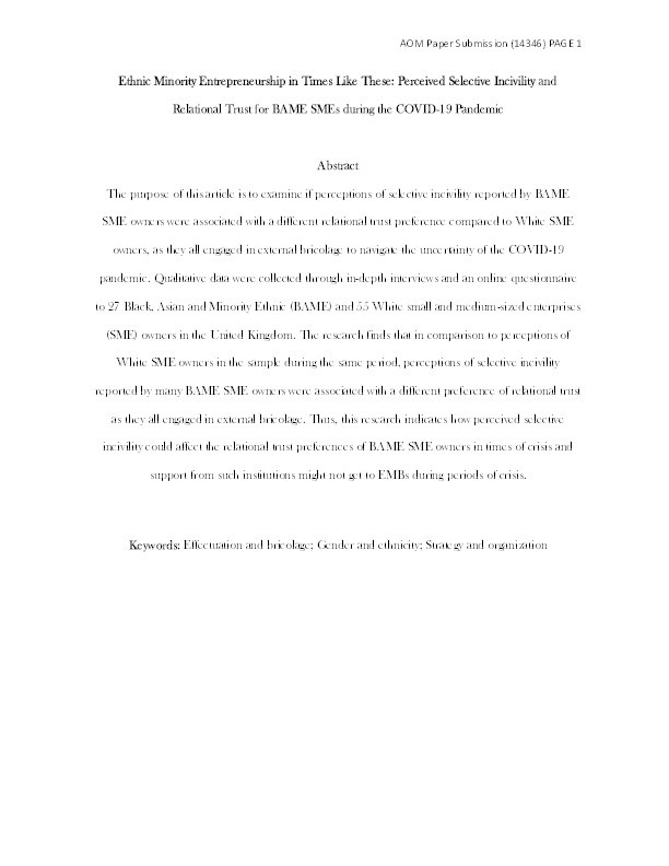 Perceived Selective Incivility and Relational Trust for BAME SMEs during the COVID-19 Pandemic Thumbnail