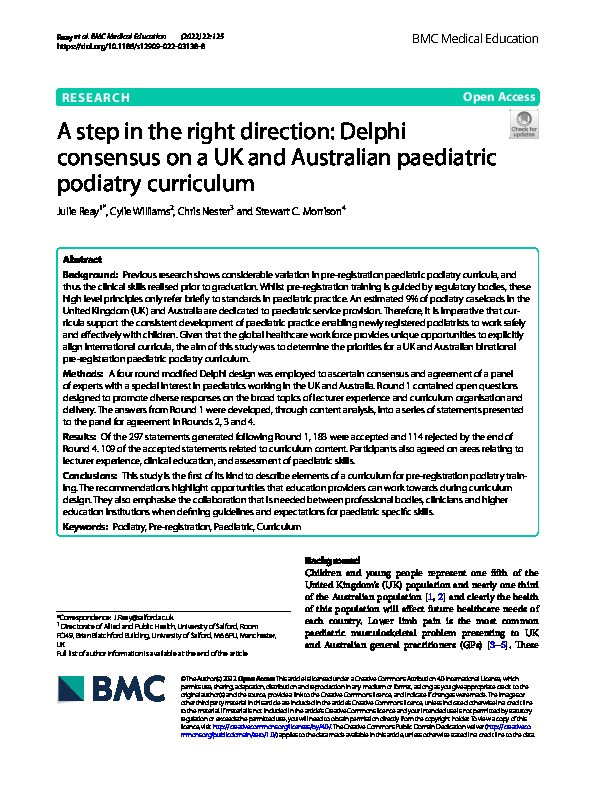 A step in the right direction: Delphi consensus on a UK and Australian paediatric podiatry curriculum. Thumbnail