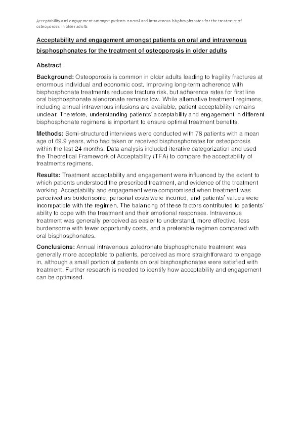 Acceptability and engagement amongst patients on oral and intravenous bisphosphonates for the treatment of osteoporosis in older adults Thumbnail
