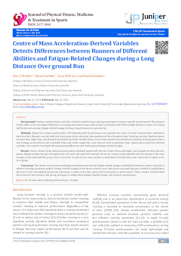 Centre of Mass Acceleration-Derived Variables Detects Differences between Runners of Different Abilities and Fatigue-Related Changes during a Long Distance Over ground Run Thumbnail