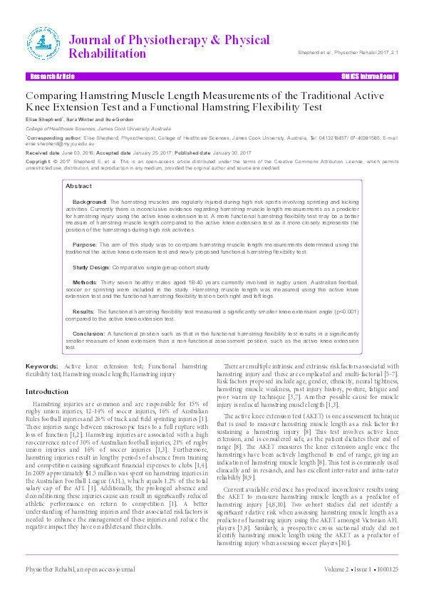 Comparing Hamstring Muscle Length Measurements of the Traditional Active Knee Extension Test and a Functional Hamstring Flexibility Test Thumbnail