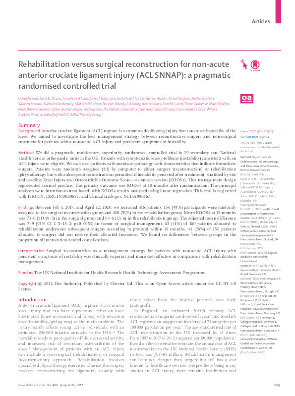 Rehabilitation versus surgical reconstruction for non-acute anterior cruciate ligament injury (ACL SNNAP): a pragmatic randomised controlled trial Thumbnail