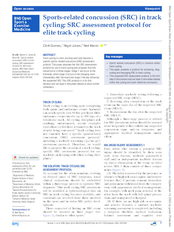 Sports-related concussion (SRC) in track cycling: SRC assessment protocol for elite track cycling. Thumbnail