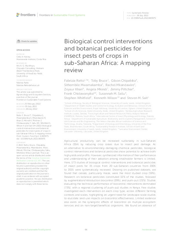 Biological control interventions and botanical pesticides for insect pests of crops in sub-Saharan Africa: A mapping review Thumbnail