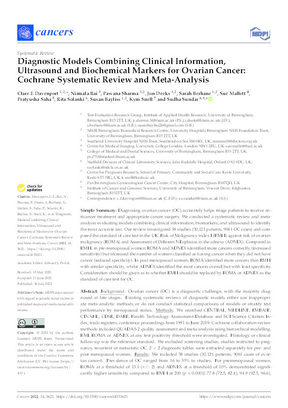 Diagnostic Models Combining Clinical Information, Ultrasound and Biochemical Markers for Ovarian Cancer: Cochrane Systematic Review and Meta-Analysis. Thumbnail