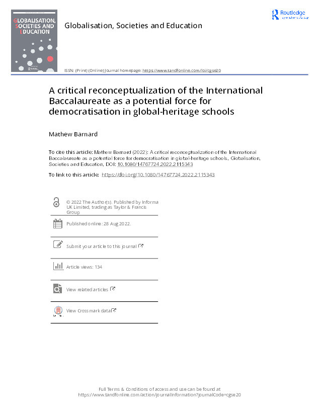 A critical reconceptualization of the International Baccalaureate as a potential force for democratisation in global-heritage schools Thumbnail