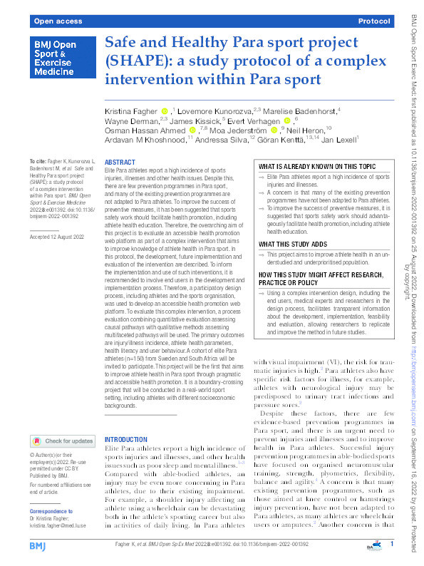 Safe and Healthy Para sport project (SHAPE): a study protocol of a complex intervention within Para sport Thumbnail