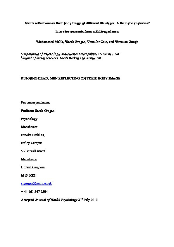 Men's reflections on their body image at different life stages: A thematic analysis of interview accounts from middle-aged men. Thumbnail