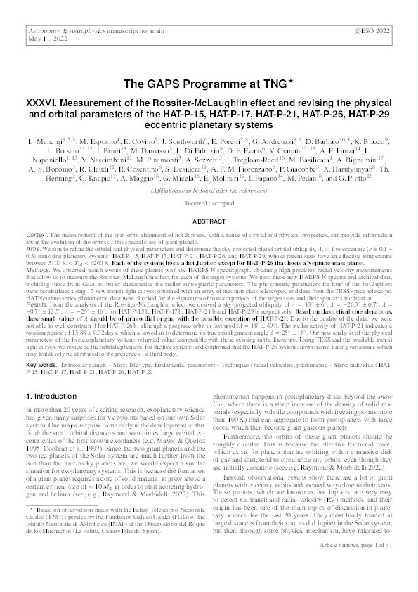 The GAPS Programme at TNG XXXVI. Measurement of the Rossiter-McLaughlin effect and revising the physical and orbital parameters of the HAT-P-15, HAT-P-17, HAT-P-21, HAT-P-26, HAT-P-29 eccentric planetary systems Thumbnail