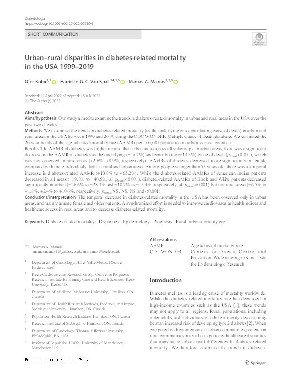 Urban-rural disparities in diabetes-related mortality in the USA 1999-2019. Thumbnail