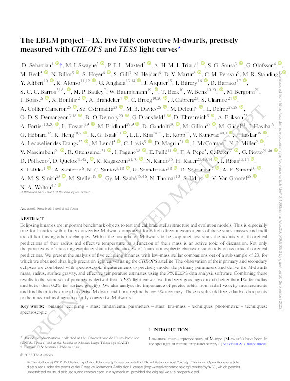 The EBLM project – IX. Five fully convective M-dwarfs, precisely measured with CHEOPS and TESS light curves Thumbnail