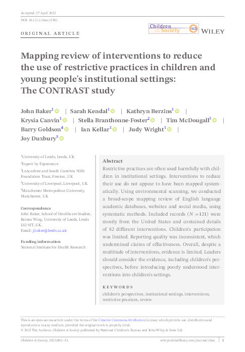 Mapping review of interventions to reduce the use of restrictive practices in children and young people's institutional settings: The CONTRAST study Thumbnail