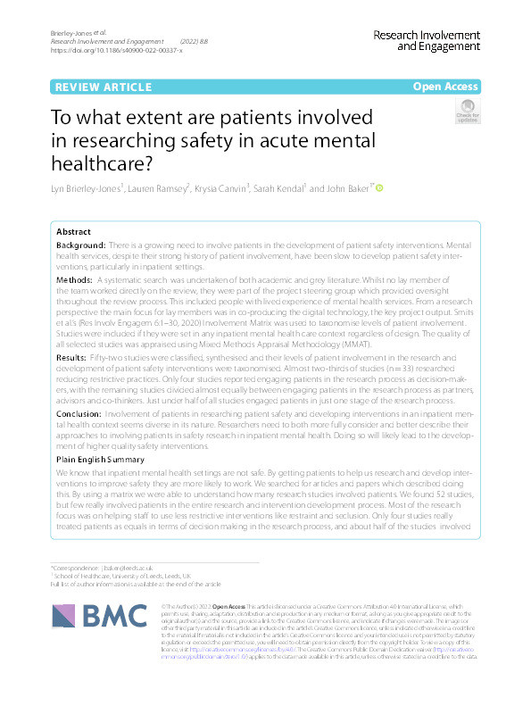 To what extent are patients involved in researching safety in acute mental healthcare? Thumbnail