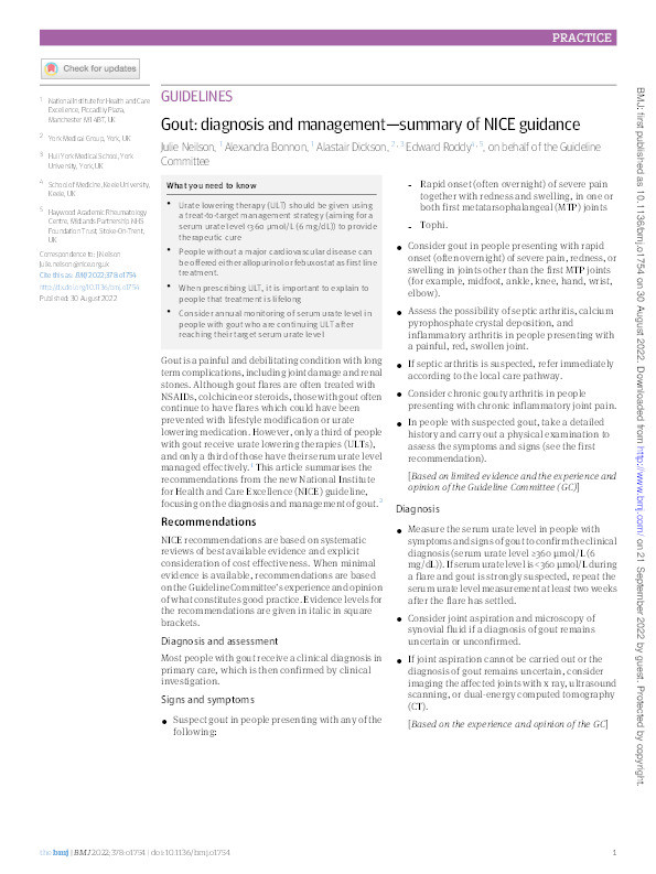 Gout: diagnosis and management-summary of NICE guidance. Thumbnail