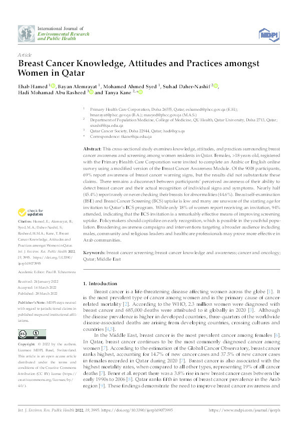 Breast Cancer Knowledge, Attitudes and Practices amongst Women in Qatar Thumbnail