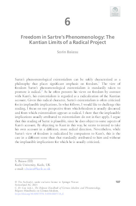 Freedom in Sartre’s Phenomenology: The Kantian Limits of a Radical Project Thumbnail