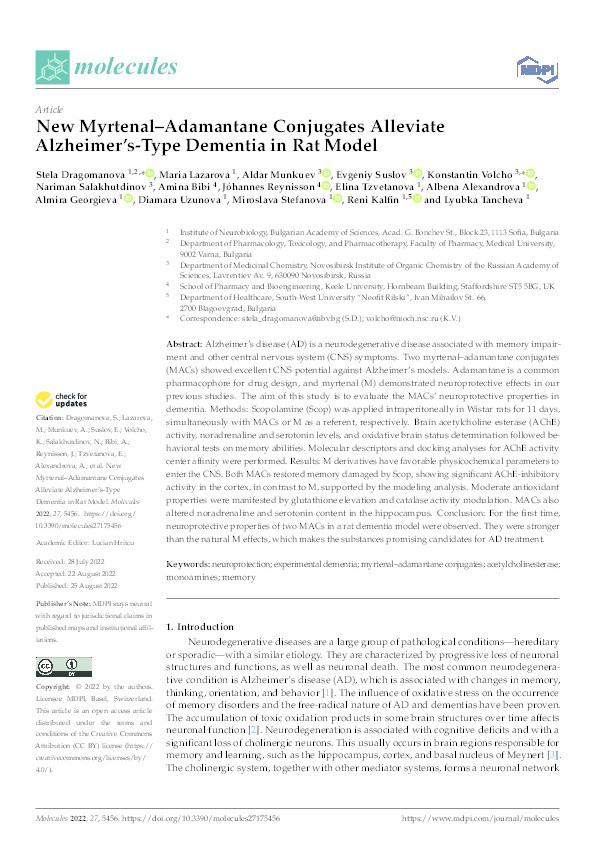 New Myrtenal-Adamantane Conjugates Alleviate Alzheimer's-Type Dementia in Rat Model. Thumbnail
