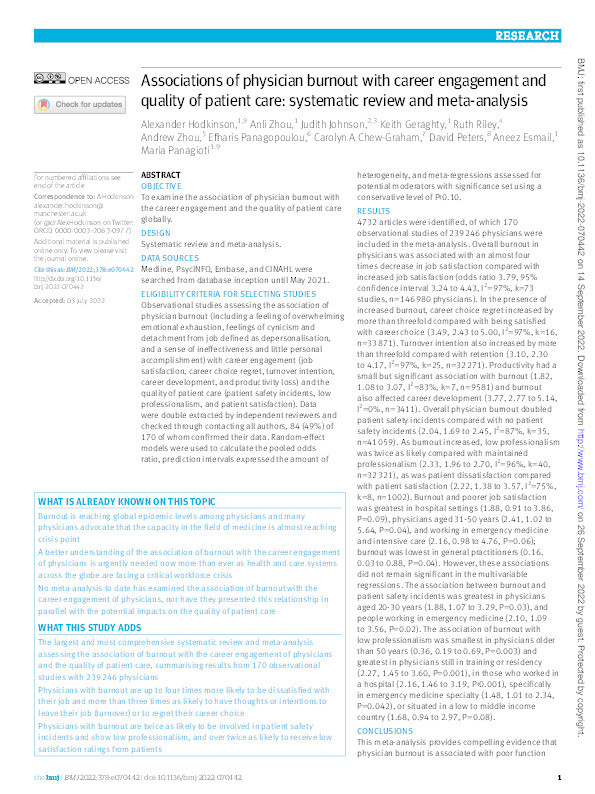 Associations of physician burnout with career engagement and quality of patient care: systematic review and meta-analysis Thumbnail