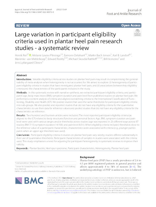 Large variation in participant eligibility criteria used in plantar heel pain research studies - a systematic review. Thumbnail