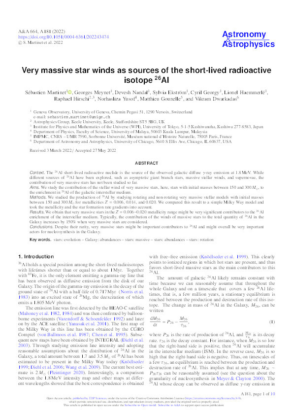 Very massive star winds as sources of the short-lived radioactive isotope Al-26 Thumbnail