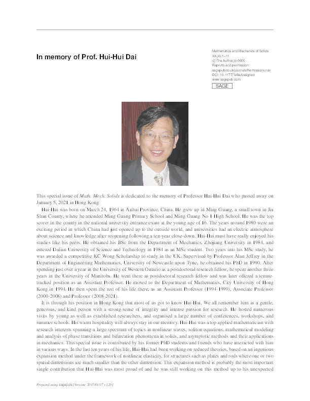 In memory of Prof. Hui-Hui Dai Obituary Thumbnail